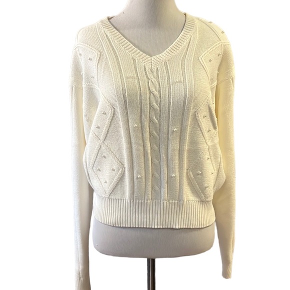 LIZSPORT PEARL BEADED V NECK KNIT CABLE SWEATER IVORY WHITE SIZE PETITE SMALL - Picture 1 of 11